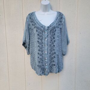 Agan Traders Floral Embroidered Button Front Top Blu/Gry Sz 2XL boho Lagenlook